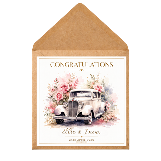 Personalised Wedding Congratulations Card | Vintage Wedding Car | Custom Names & Date | Wedding Day Card | Floral Car | Congratulations Card