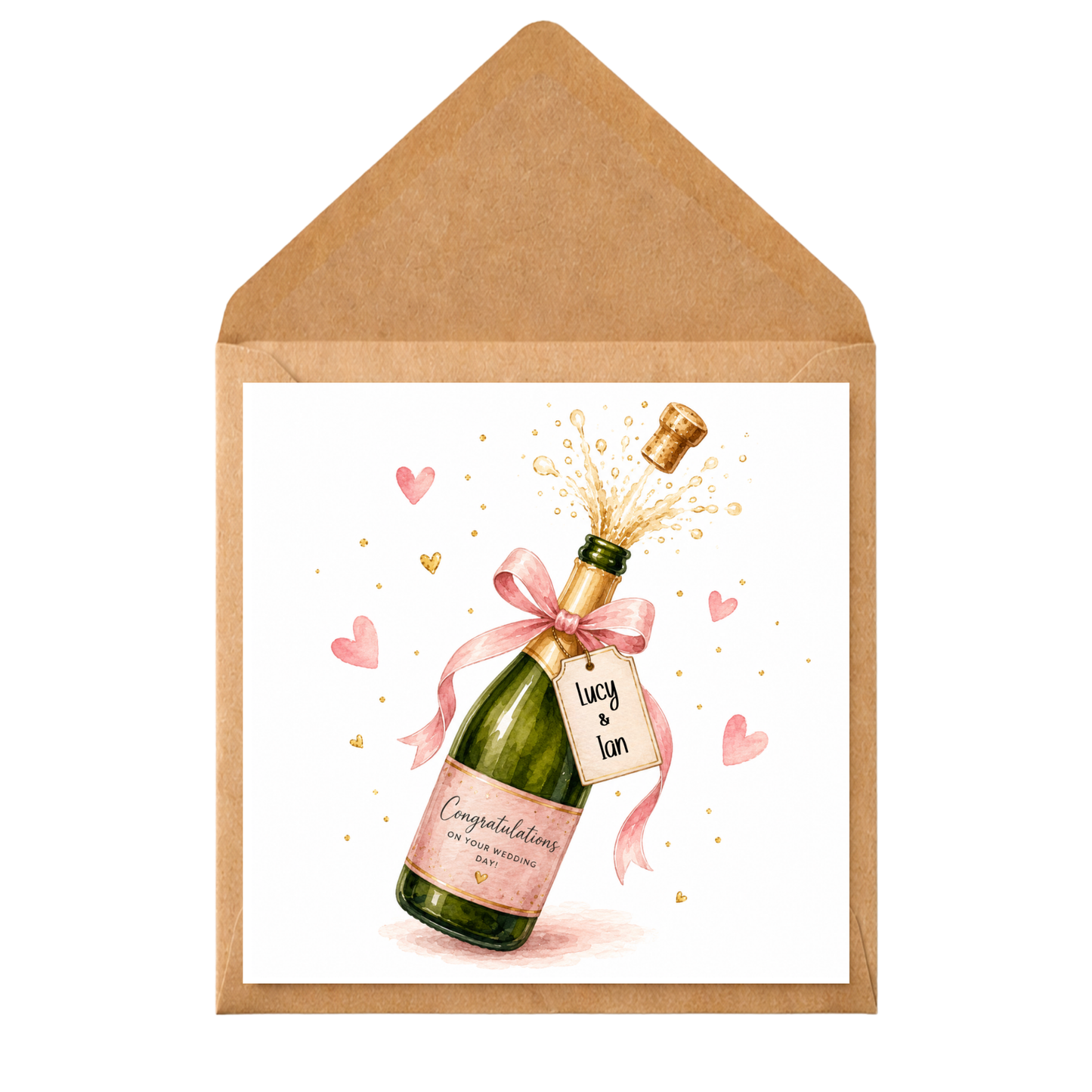 Personalised Wedding Congratulations Card for Couple | Champagne Bottle Wedding Card | Custom Names Wedding Day Card | Romantic Watercolour Card