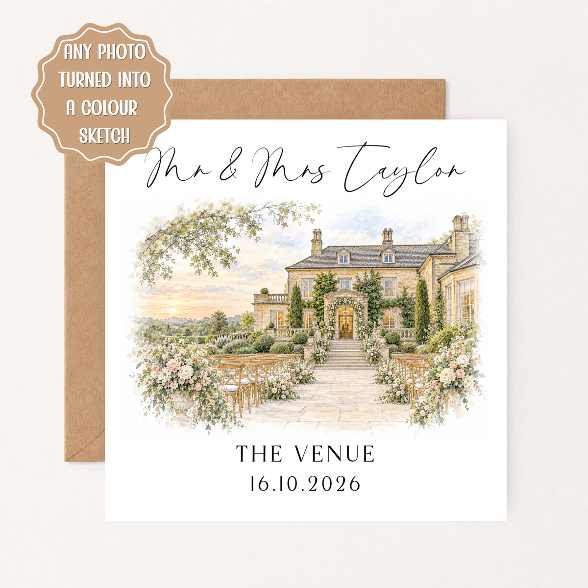 Personalised Wedding Venue Colour Sketch, Custom Wedding Venue Drawing from Photo, Wedding Keepsake, First Anniversary Gift