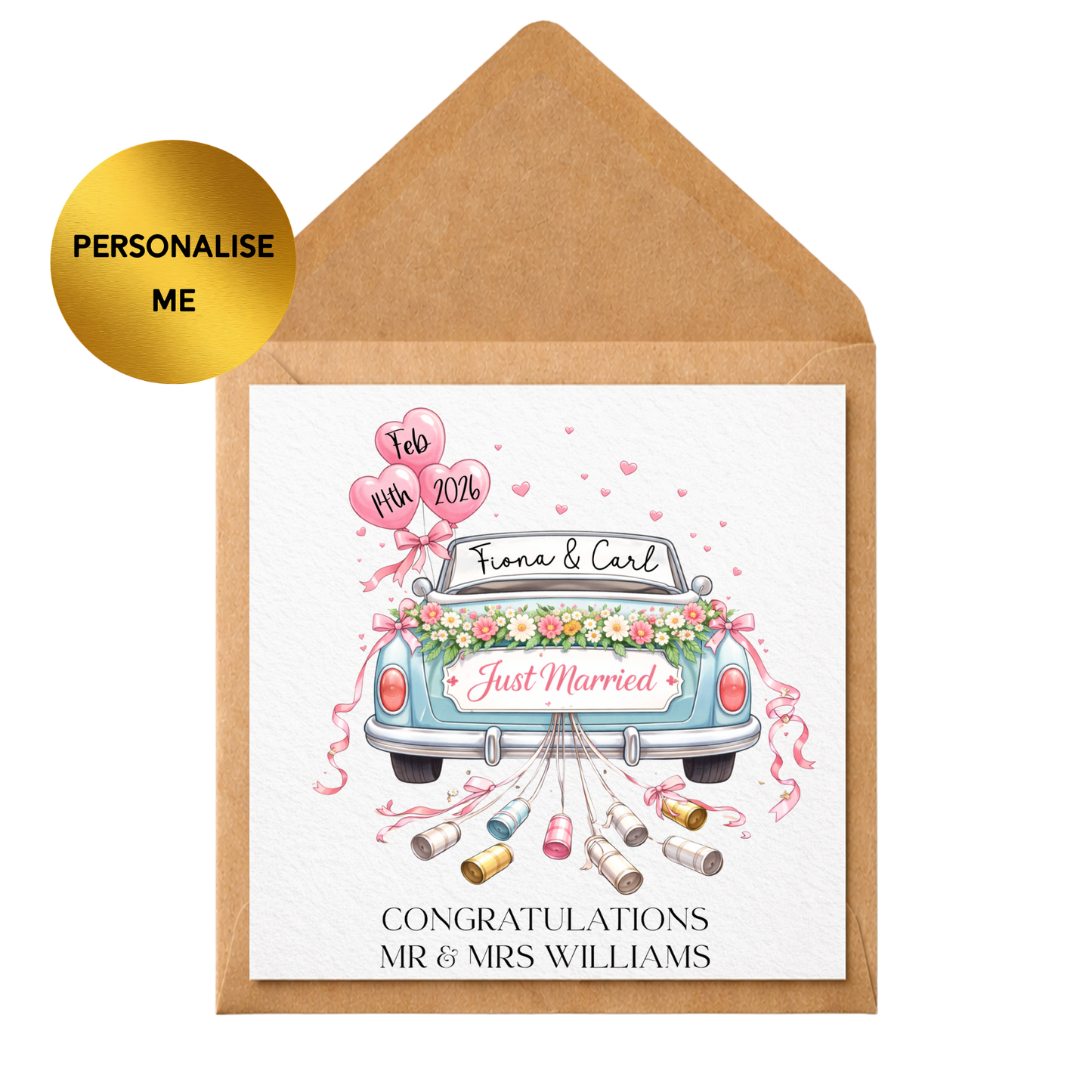 Personalised Just Married Wedding Card, Custom Bride & Groom Car Card, Wedding Congratulations Card, Mr & Mrs Card, Personalised Names & Date