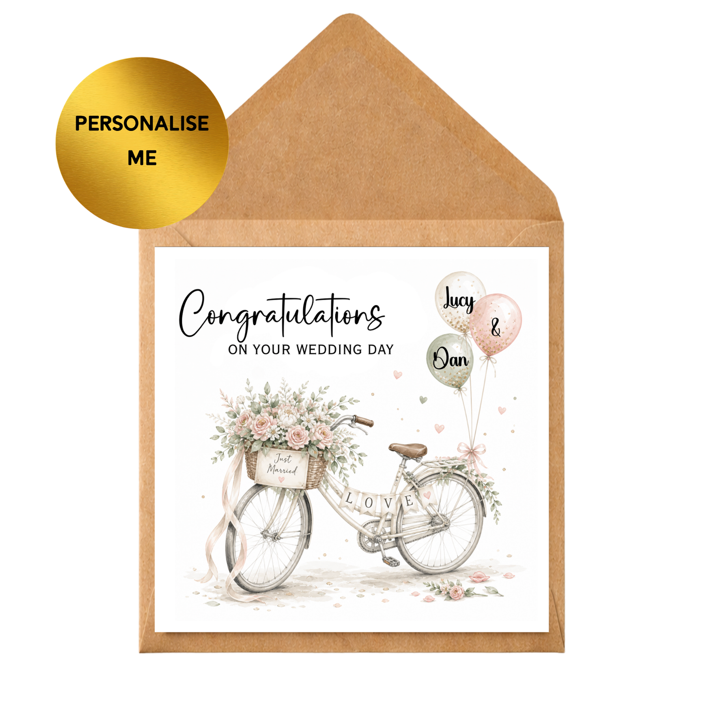 Personalised Wedding Card for Couple | Congratulations on Your Wedding Day Card | Custom Names Wedding Congratulations Card | Elegant Bicycle Wedding Card