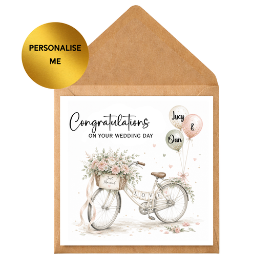 Personalised Wedding Card for Couple | Congratulations on Your Wedding Day Card | Custom Names Wedding Congratulations Card | Elegant Bicycle Wedding Card