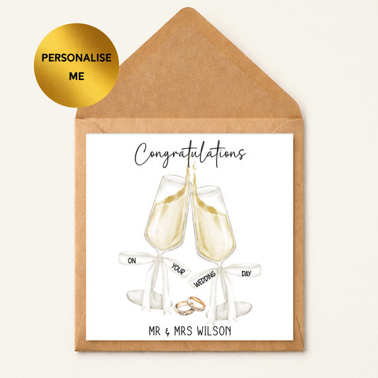 Personalised Wedding Card, Champagne Toast, Mr & Mrs Congratulations, Custom Names