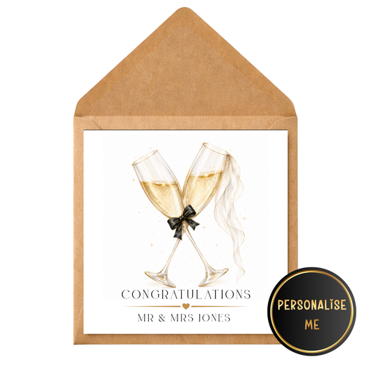 Personalised Wedding Congratulations Card | Champagne Glasses Wedding Card | Mr & Mrs Card | Newlywed Greeting Card | Custom Couple Names Card
