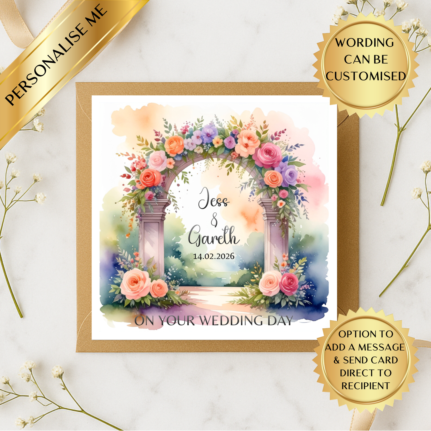 Personalised Wedding Day Card – Custom Names & Date Card – Floral Arch Wedding Card – Bride & Groom Keepsake – On Your Wedding Day