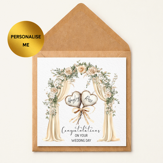 Personalised Wedding Card, Rustic Floral Arch Wedding Card, Custom Names Wedding Congratulations Card, Neutral Boho Wedding Card