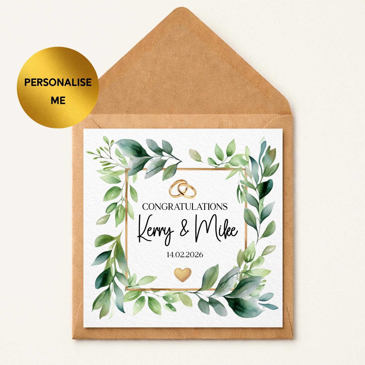 Personalised Wedding Card | Greenery Wedding Card | Custom Names & Date | Congratulations Card | Rustic Botanical Wedding Card | Keepsake Card
