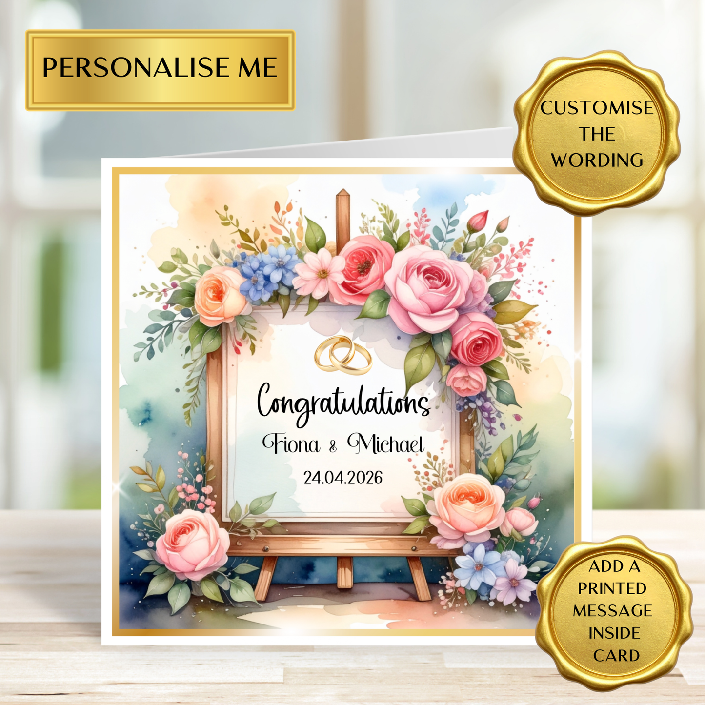 Personalised Wedding Congratulations Card | Floral Wedding Card | Custom Names & Date | Elegant Wedding Keepsake Card