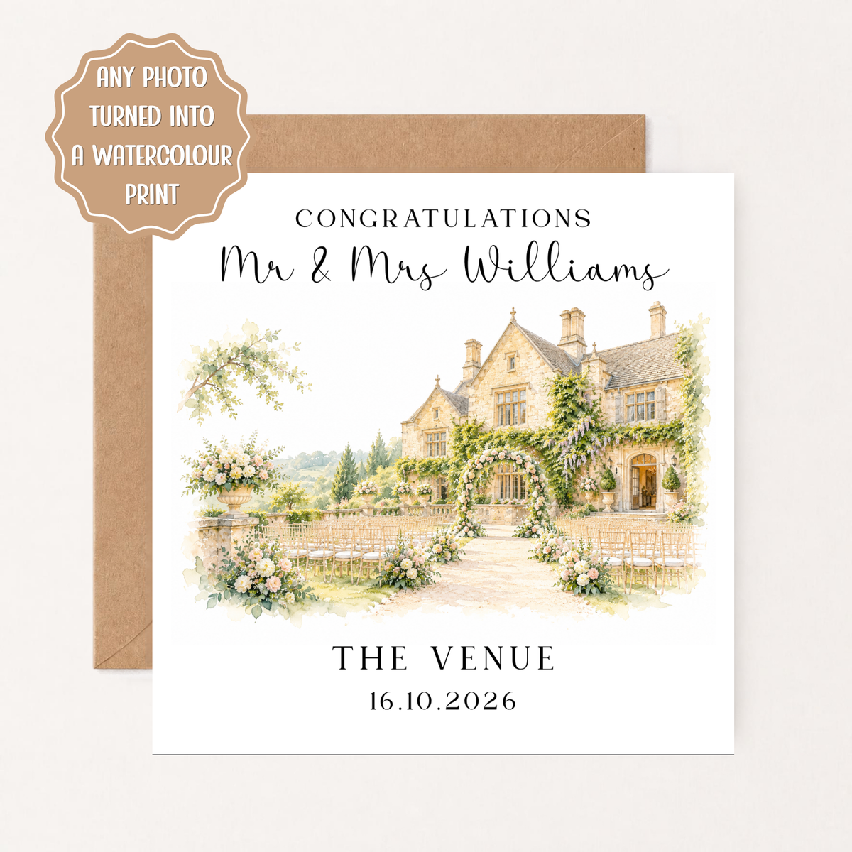 Personalised Wedding Card, Watercolour Wedding Venue from Photo, Custom Congratulations Card, Newlywed Keepsake