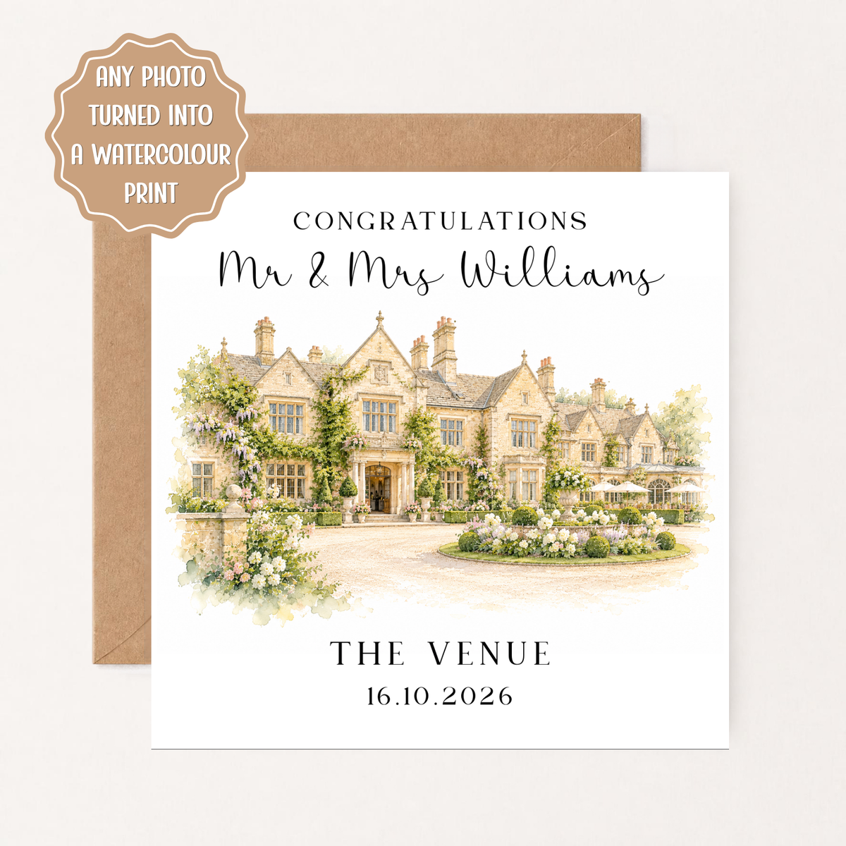 Personalised Wedding Card, Watercolour Wedding Venue from Photo, Custom Congratulations Card, Newlywed Keepsake