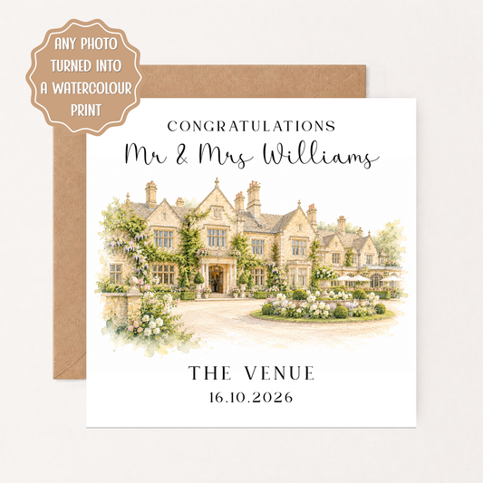 Personalised Wedding Card, Watercolour Wedding Venue from Photo, Custom Congratulations Card, Newlywed Keepsake