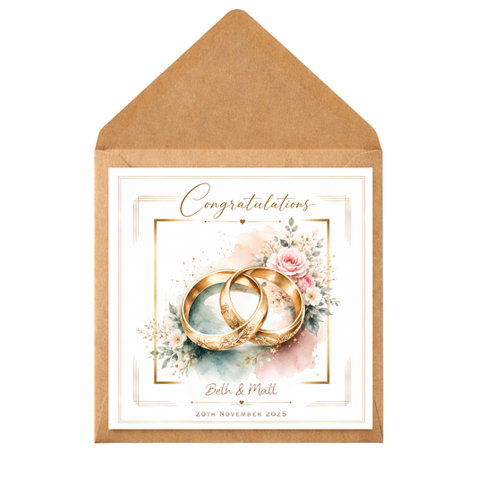Personalised Wedding or Engagement Card – Custom Names & Date | Elegant Gold Rings Design | Congratulations Card for Couple