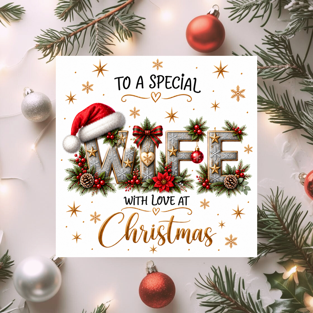 Wife Christmas Card, Special Wife Xmas Card, Christmas Card for Her, With Love at Christmas, Romantic Festive Greeting Card