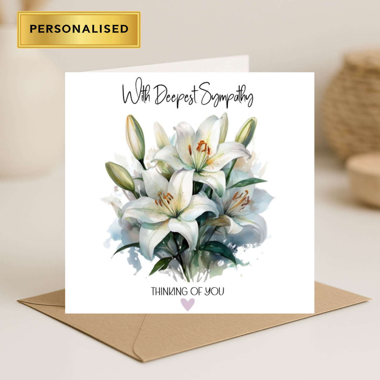 Personalised Sympathy Card – With Deepest Sympathy – Thinking of You Card – Condolence Card – Loss Bereavement Card – White Lily Floral Design