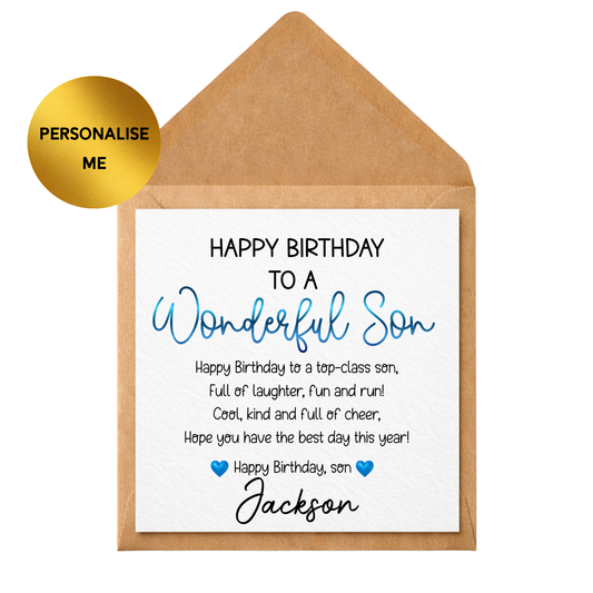 Personalised Son Birthday Card, Happy Birthday Son Card, Wonderful Son Birthday Card, Custom Name Birthday Card for Son, Special Son Card