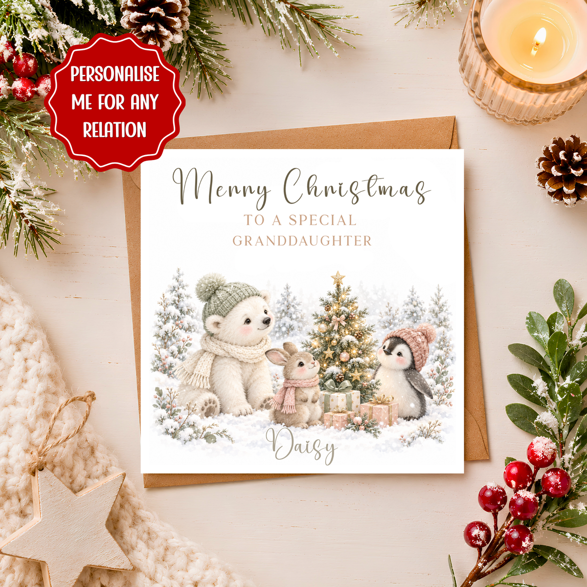 Personalised Childrens Christmas Card, Cute Woodland Animals Xmas Card, Polar Bear Bunny Penguin, Christmas Card Any Relation