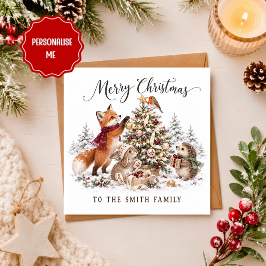 Personalised Family Christmas Card, Cute Woodland Animals Xmas Card, Fox Bunny Hedgehog Christmas Card, Custom Family Name