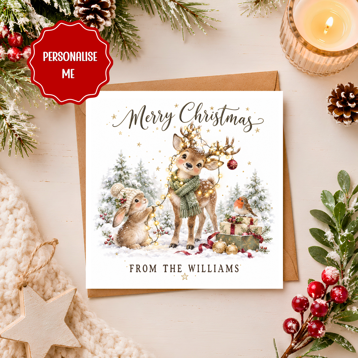 Personalised Family Christmas Card, Cute Reindeer & Bunny Xmas Card, Woodland Animals Christmas Card, Custom Family Name Card