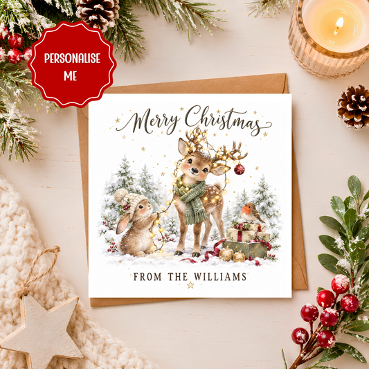 Personalised Family Christmas Card, Cute Reindeer & Bunny Xmas Card, Woodland Animals Christmas Card, Custom Family Name Card