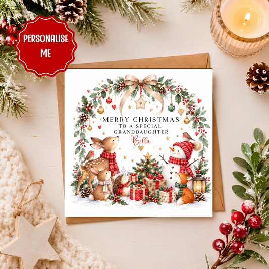 Personalised Granddaughter Christmas Card, Woodland Animals Xmas Card, Cute Festive Deer Snowman Card, Christmas Card for Granddaughter