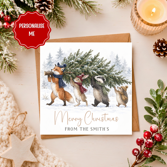 Personalised Family Christmas Card, Christmas Card From Our Family, Woodland Animal Xmas Card, Personalised Family Name Christmas Card