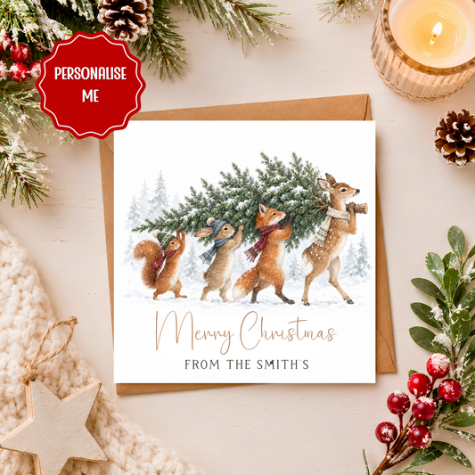 Personalised Family Christmas Card, Christmas Card From Our Family, Woodland Animal Xmas Card, Personalised Family Name Christmas Card