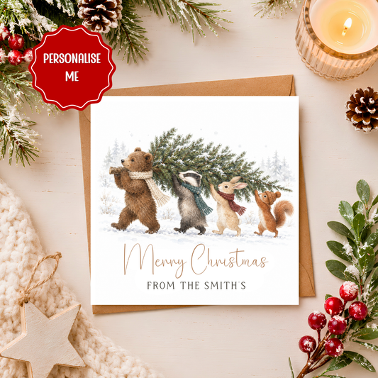 Personalised Family Christmas Card, Christmas Card From Our Family, Woodland Animal Xmas Card, Personalised Family Name Christmas Card