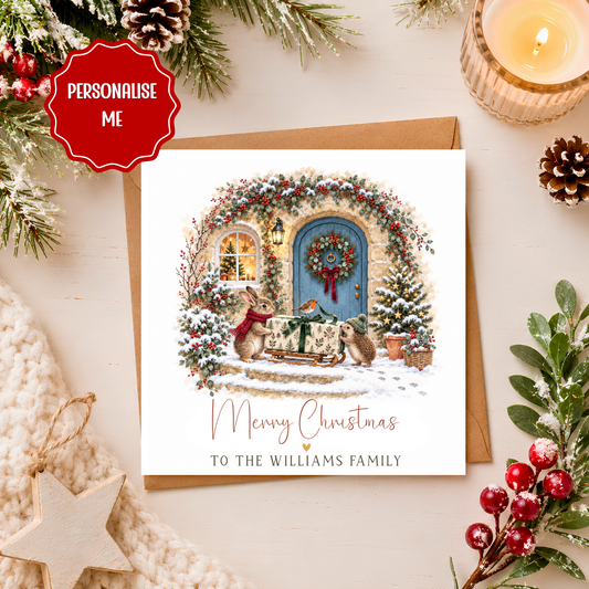 Personalised Family Christmas Card, Woodland Animal Christmas Card, Rabbit Hedgehog Xmas Card, Christmas Card for Family