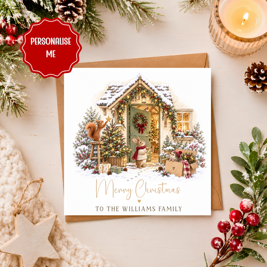 Personalised Family Christmas Card, Woodland Christmas Card, Cute Rabbit Squirrel Hedgehog Card, Christmas Card for Family