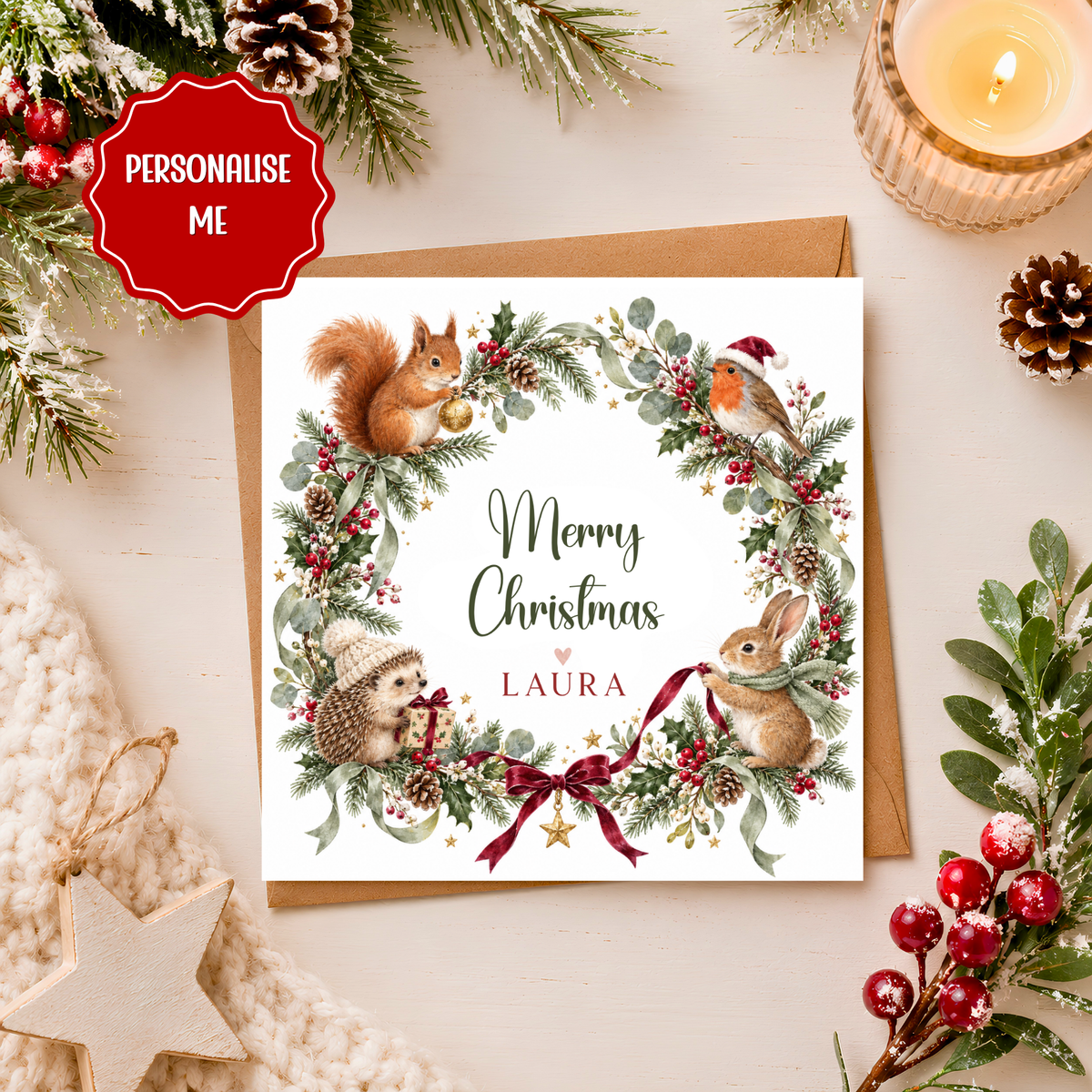 Personalised Christmas Card, Cute Christmas Pudding Card, Robin Xmas Card, Personalised Name Christmas Card, Festive Card for Her Him