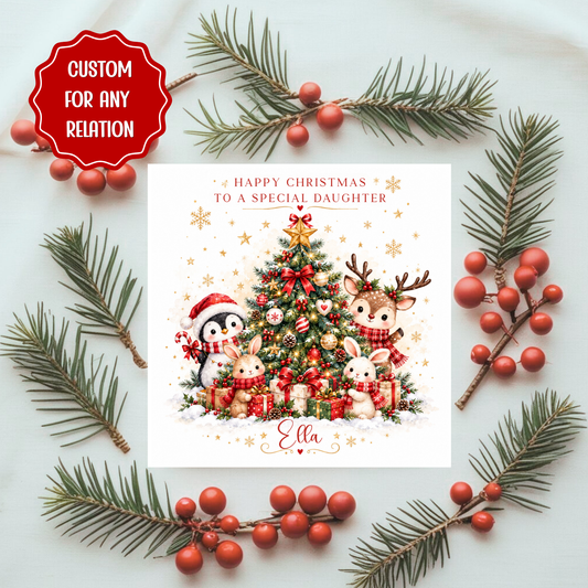 Personalised Christmas Card for any Relation | Cute Animal & Christmas Tree Design | Custom Name Holiday Greeting Card