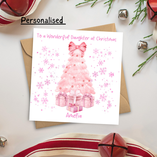 Personalised Christmas Card for Daughter, Sister, Niece, Granddaughter | Pink Christmas Tree Design