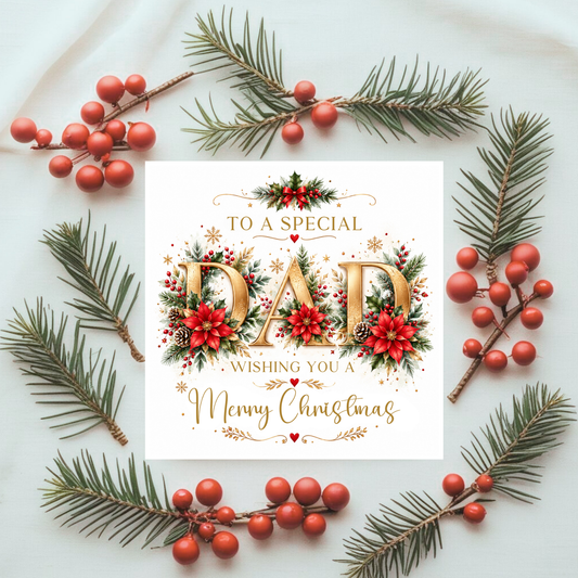 Personalised Dad Christmas Card – Luxury Floral Festive Design, Custom Name Option, Special Dad Xmas Card, Holiday Greeting Card