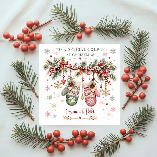 Personalised Christmas Card for a Special Couple – Custom Names | Cosy Mittens Design | Cute Winter Holiday Card