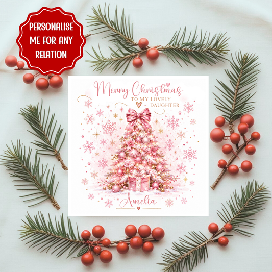 Personalised Christmas Card for Daughter, Sister, Niece, Granddaughter | Pink Christmas Tree Design