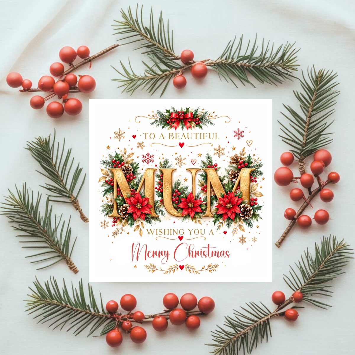 Personalised Mum Christmas Card – Luxury Floral Festive Design, Custom Name Option, Special Mum Xmas Card, Holiday Greeting Card