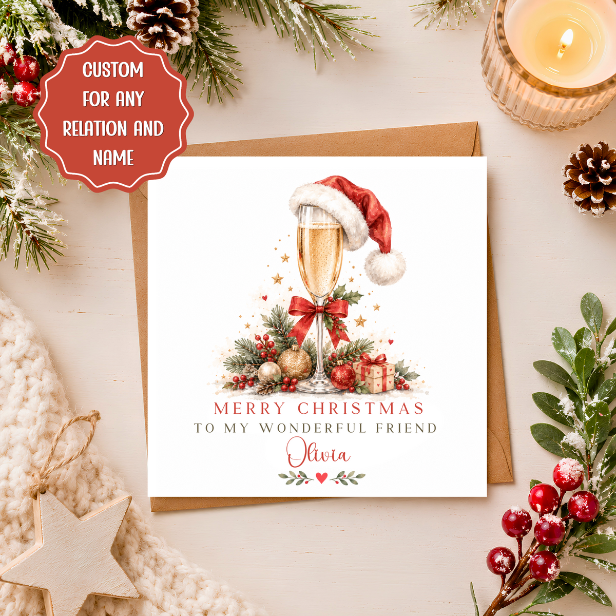 Personalised Christmas Champagne Card, Custom Name & Relation, Festive Watercolour Xmas Card for Friend, Sister, Mum, Bestie