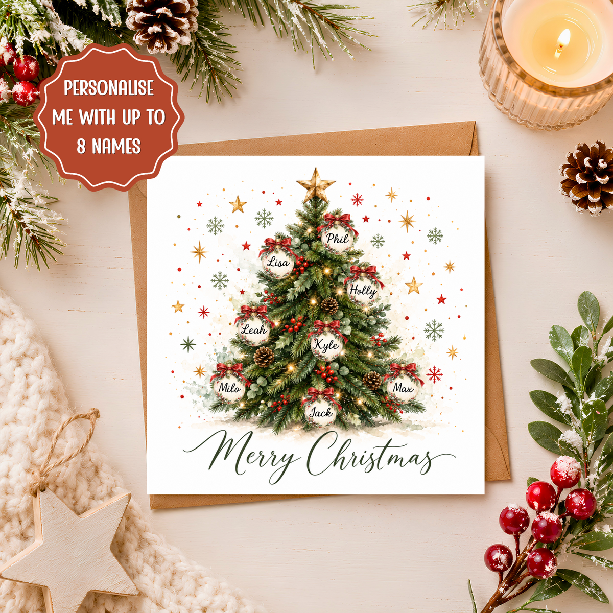 Personalised Family Christmas Card, Christmas Tree with Names, Custom Family Xmas Card, Up to 8 Names, Festive Keepsake Card