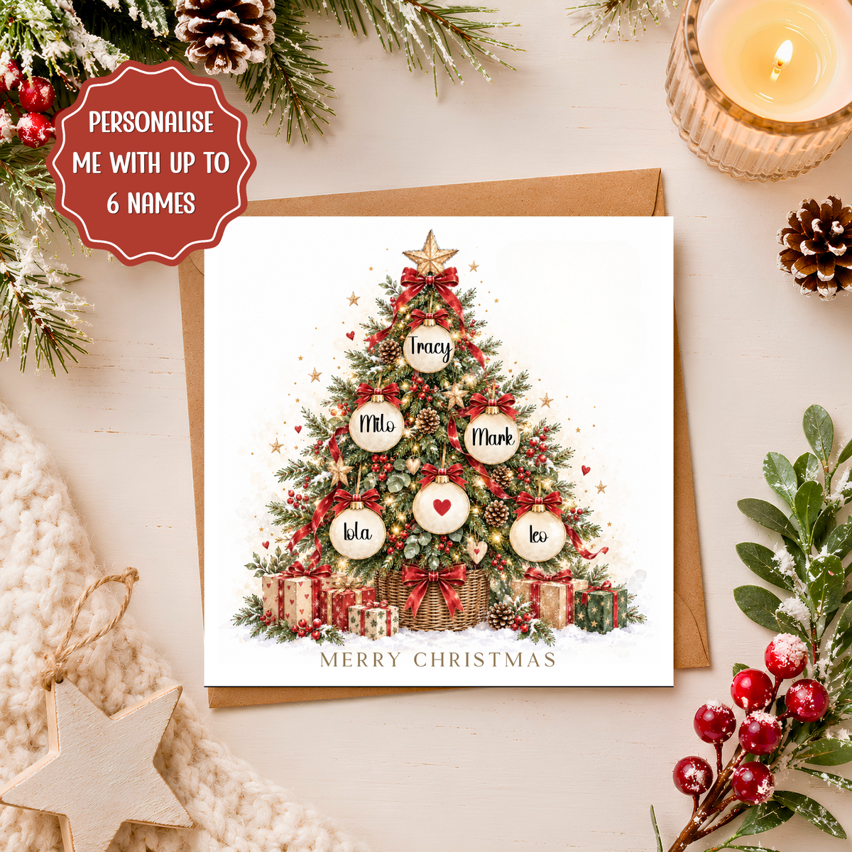 Personalised Family Christmas Card, Up to 6 Names, Christmas Tree Baubles, Watercolour Xmas Card, Family Keepsake Card