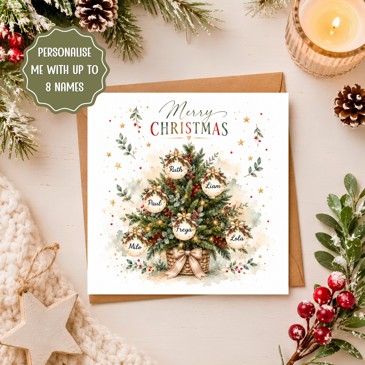 Personalised Family Christmas Card, Christmas Tree with Names, Custom Family Xmas Card, Up to 8 Names, Festive Keepsake Card