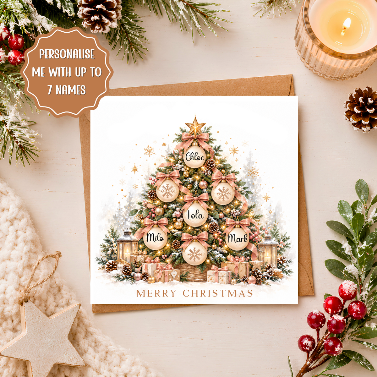 Personalised Family Christmas Card, Up to 7 Names, Pink Christmas Tree Baubles, Custom Xmas Card, Family Keepsake