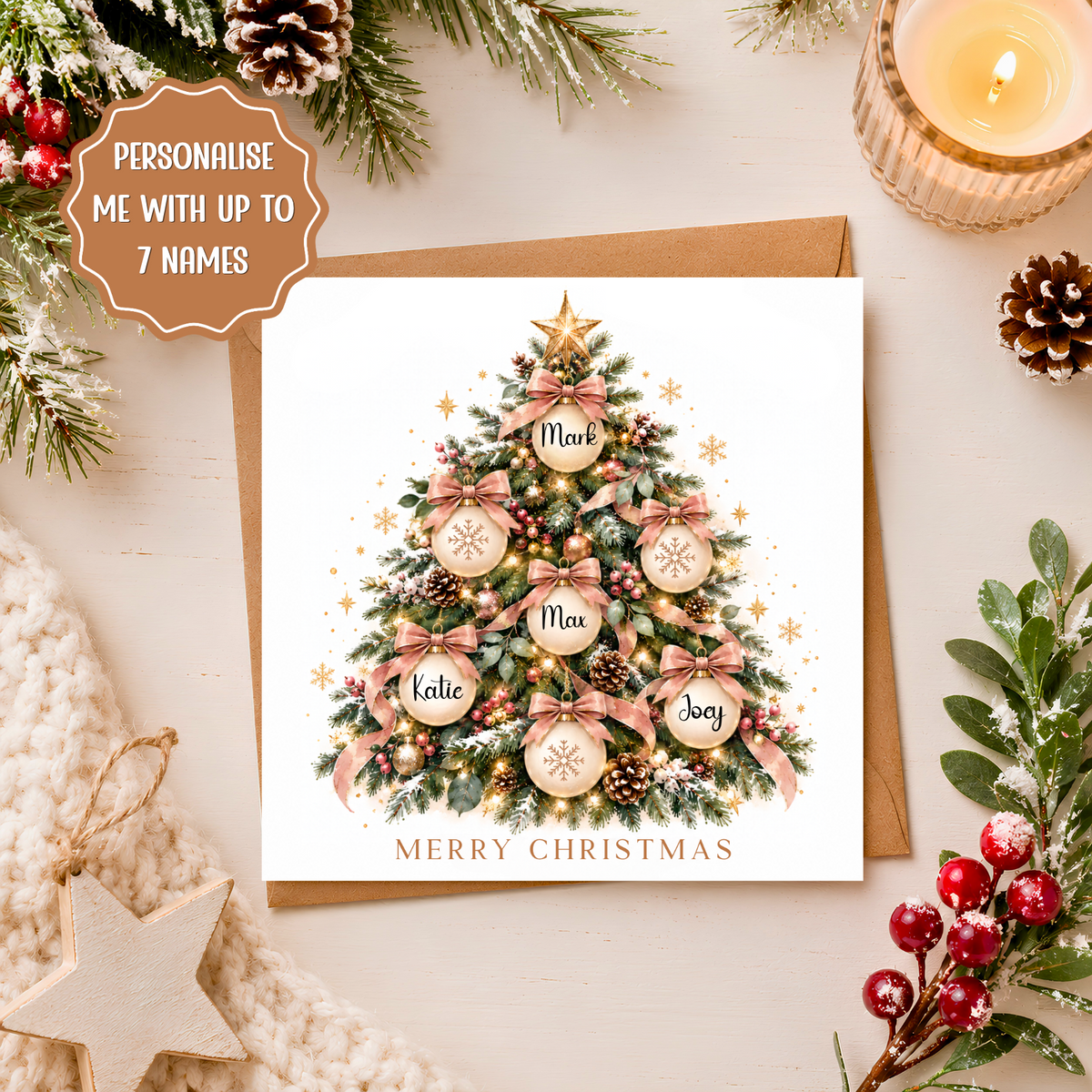 Personalised Family Christmas Card, Up to 7 Names, Pink Christmas Tree Baubles, Custom Xmas Card, Family Keepsake