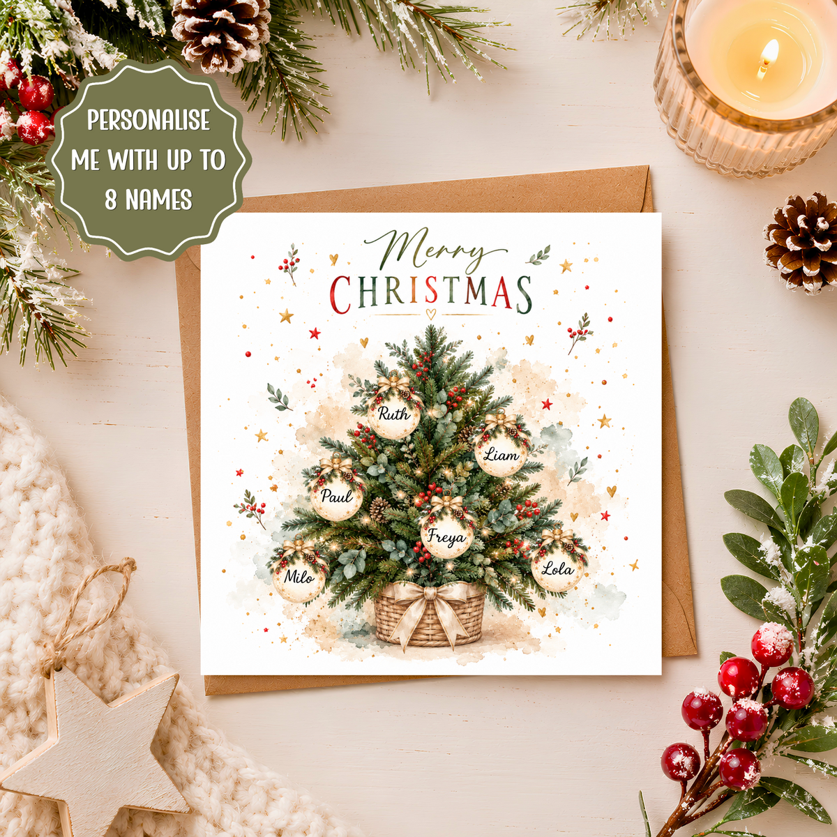 Personalised Family Christmas Card, Christmas Tree with Names, Custom Family Xmas Card, Up to 8 Names, Festive Keepsake Card