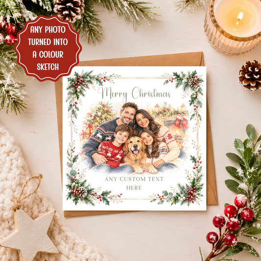 Personalised Photo Christmas Card, Custom Family Portrait Colour Sketch, Christmas Card from Photo, Pet Photo Xmas Card, Festive Keepsake