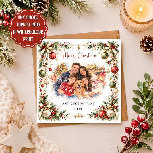 Personalised Photo Christmas Card, Custom Watercolour Family Portrait, Christmas Card from Photo, Pet Xmas Card, Festive Keepsake
