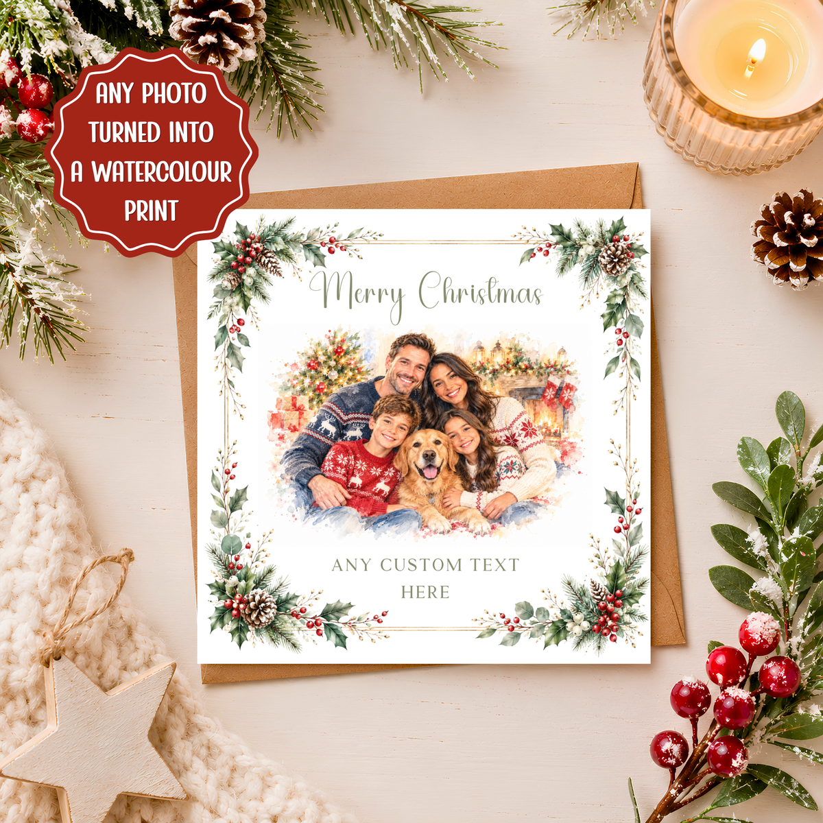Personalised Photo Christmas Card, Custom Watercolour Family Portrait, Christmas Card from Photo, Pet Xmas Card, Festive Keepsake