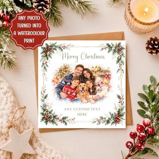 Personalised Photo Christmas Card, Custom Watercolour Family Portrait, Christmas Card from Photo, Pet Xmas Card, Festive Keepsake