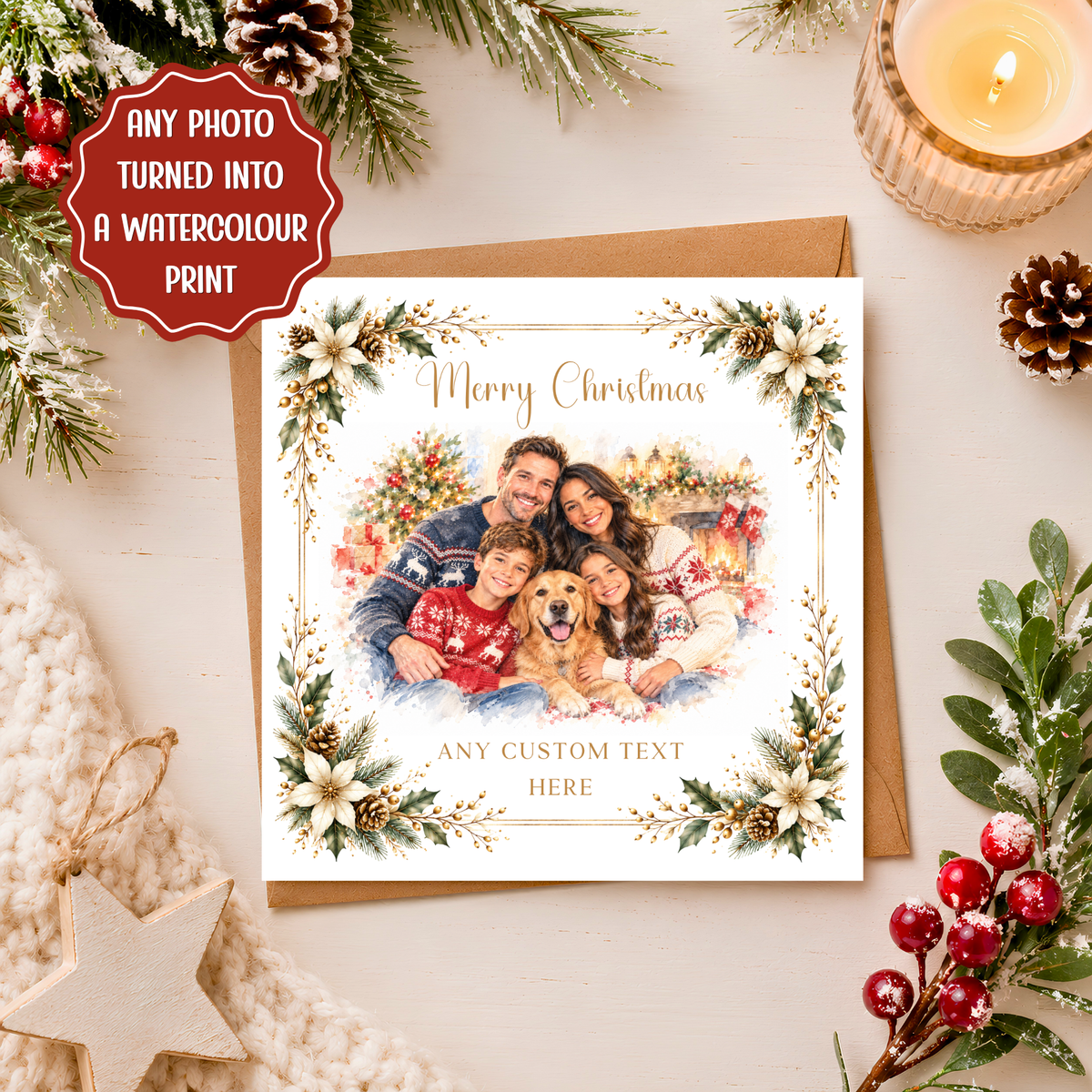Personalised Photo Christmas Card, Custom Watercolour Family Portrait, Christmas Card from Photo, Pet Xmas Card, Festive Keepsake