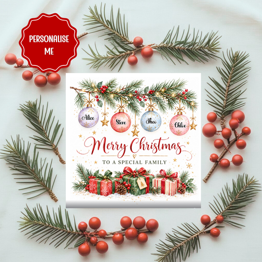 Personalised Family Christmas Card – Custom Names Bauble Design – Special Family Holiday Greeting