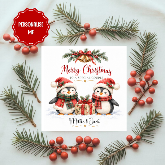 Personalised Christmas Card for Couple – Cute Penguin Design – Custom Names – Festive Holiday Greeting Card